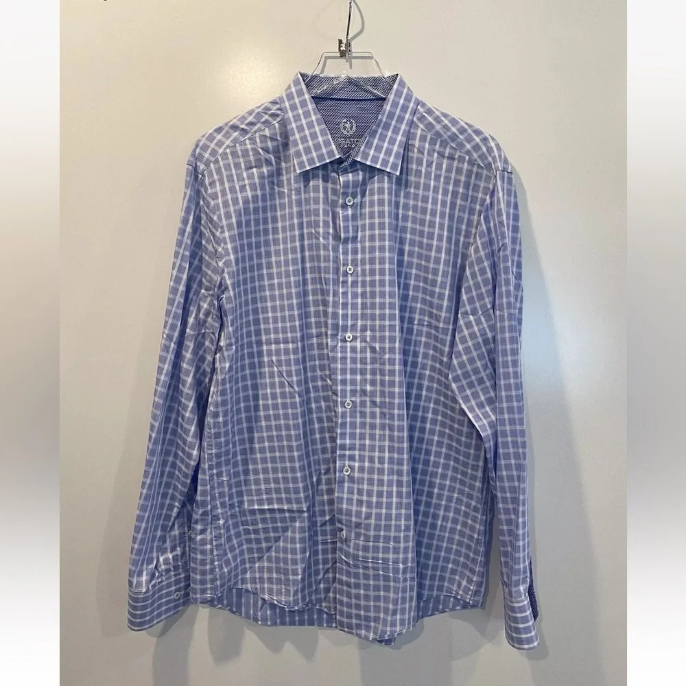 Bugatchi‎ Uomo Blue Plaid Long Sleeve Button Up Dress Shirt Mens Size 17.5 (909)